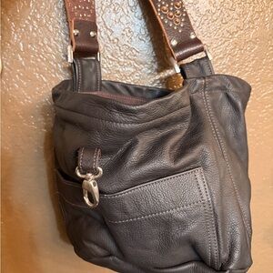 Tylie Malibu Dark Brown Leather Shoulder Bag with Studded Strap